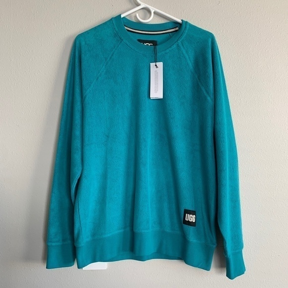 Ugg Men’s Kamryn Woven Fleece sweater Crewneck Marina Blue Logo Size Medium NWT - Picture 1 of 9